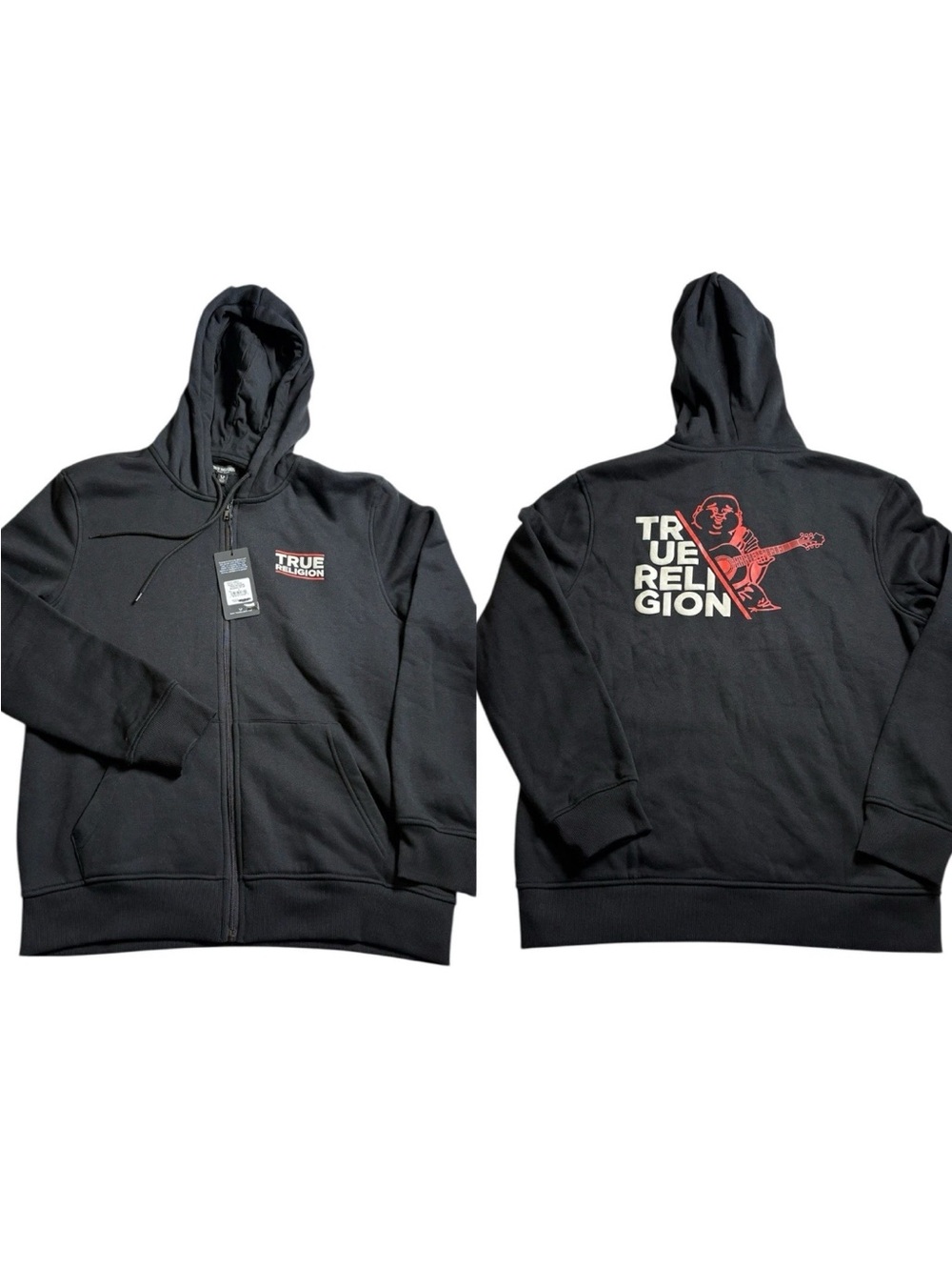 True Religion Mens Large Full Zip Fleece Hoodie Buddha Logo Black Street Wear